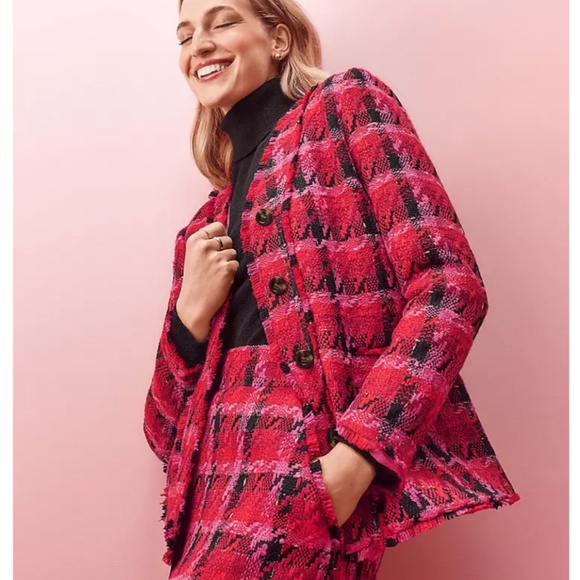 ANN TAYLOR Women’s Pink Multi Long Cardigan Jacket in Houndstooth Tweed Sz-2P - Picture 1 of 12